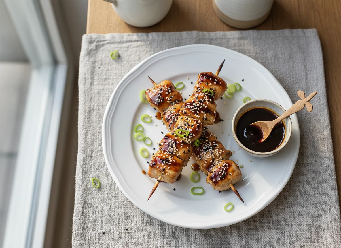Hähnchenspieße mit Teriyaki-Sauce und Sesam photo