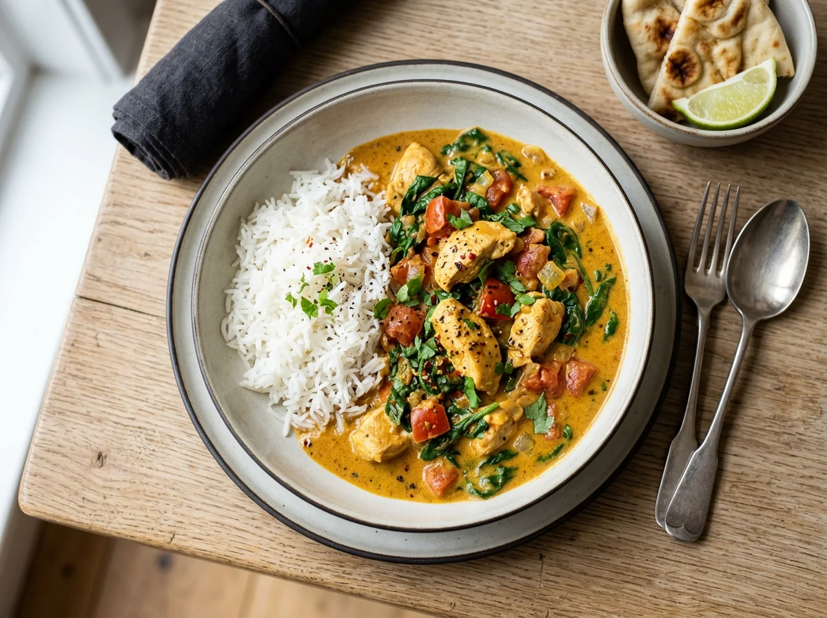 Hähnchen-Spinat-Curry mit Reis photo