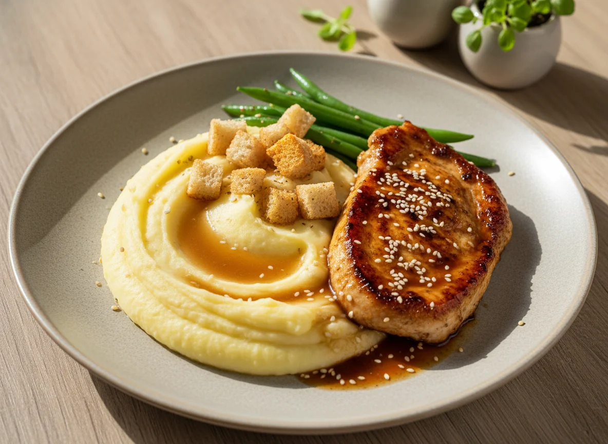 Hähnchensteak mit Kartoffelpüree, Soße und Croutons photo