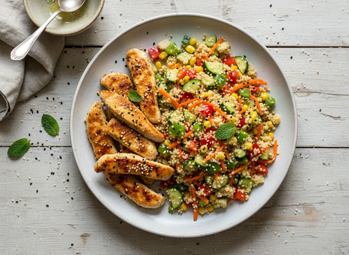 Hähnchenstreifen mit Couscous-Salat photo