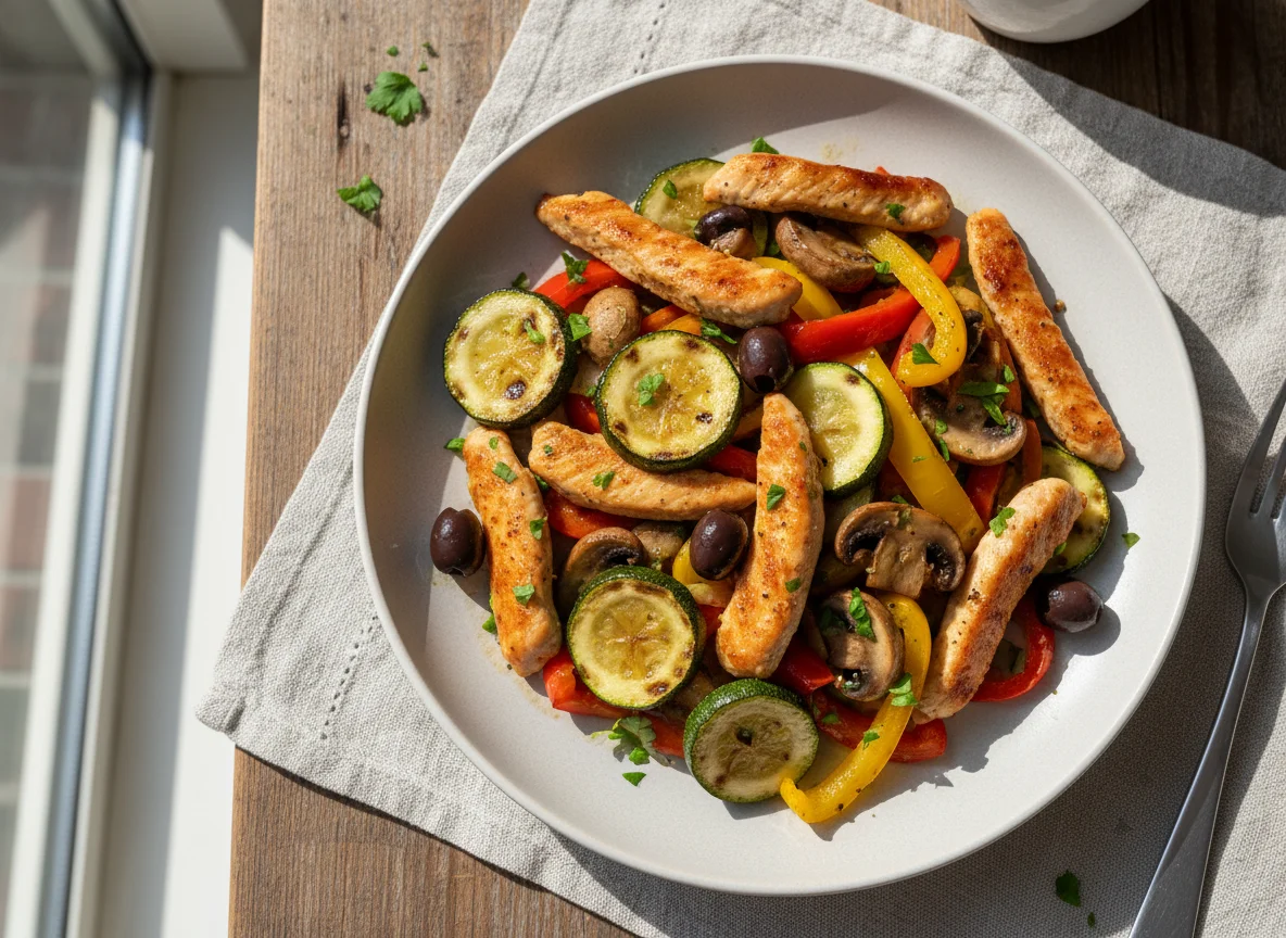 Hähnchenstreifen mit gebratenem Gemüse photo