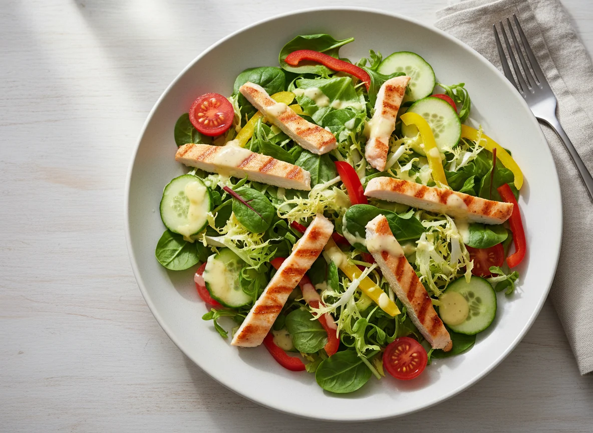 Hähnchenstreifen mit gemischtem Salat und Dressing photo