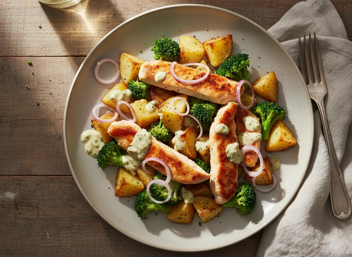 Hähnchenstreifen mit Kartoffeln und Brokkoli photo