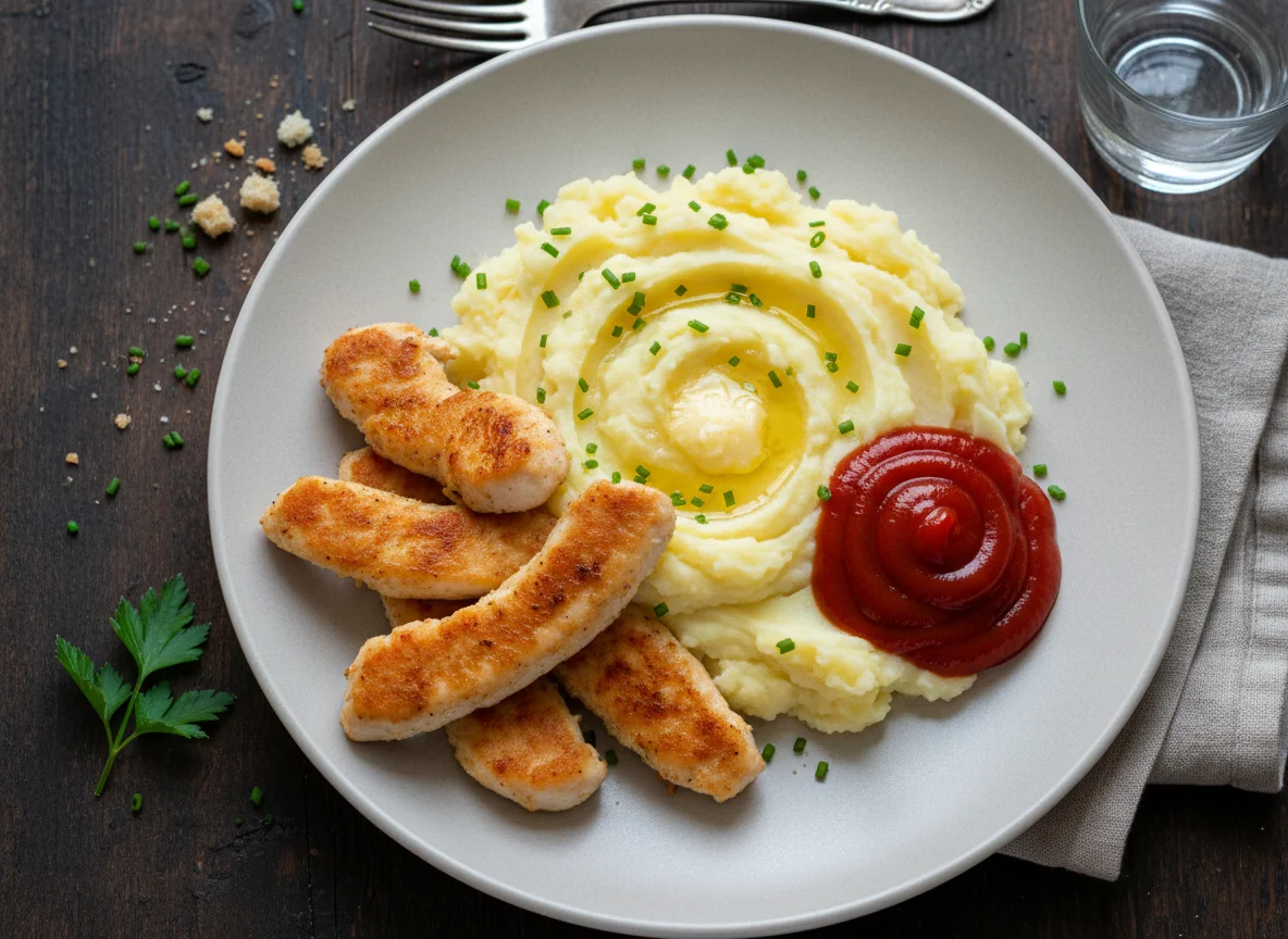 Hähnchenstreifen mit Kartoffelpüree und Ketchup photo