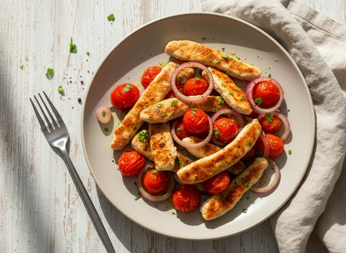 Hähnchenstreifen mit Kirschtomaten und Zwiebeln photo