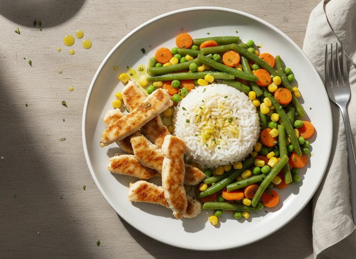 Hähnchenstreifen mit Reis und Gemüse photo