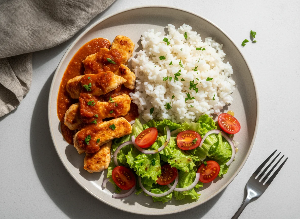 Hähnchenstreifen mit Reis und Salat photo