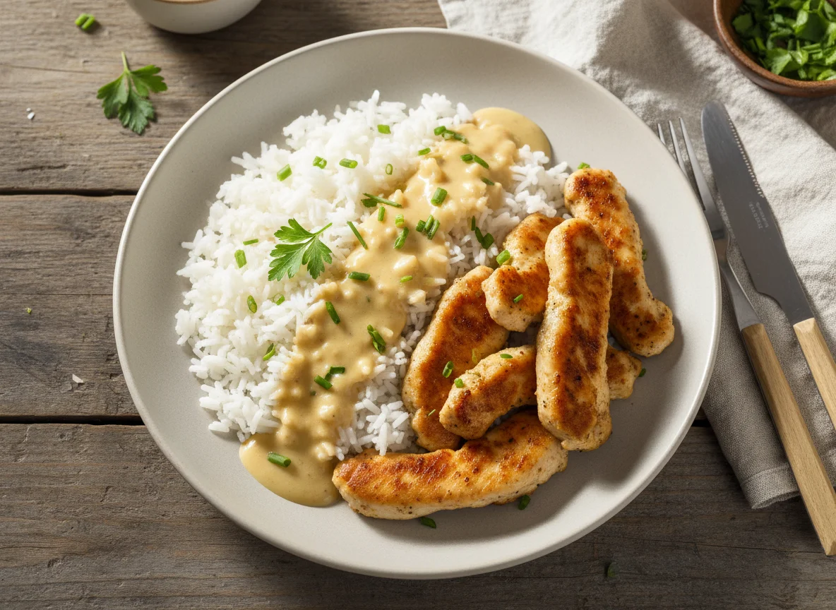 Hähnchenstreifen mit Reis und Sauce photo