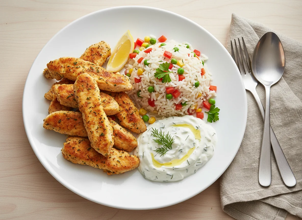 Hähnchenstreifen mit Reis und Tzatziki photo