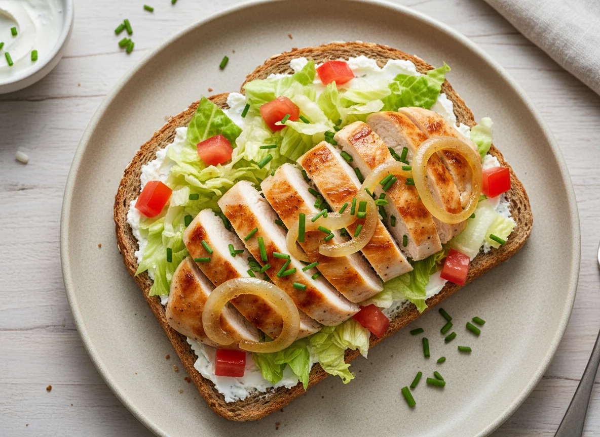 Hähnchenstreifen mit Zwiebeln und Salat auf Brot photo