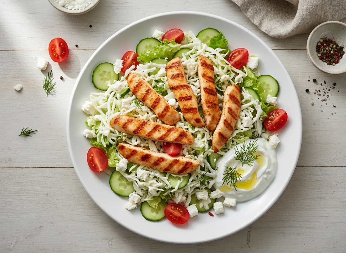 Hähnchenstreifen-Salat mit Tzatziki photo