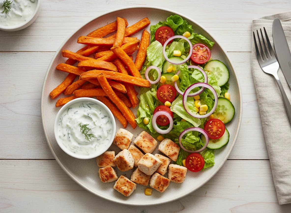 Hähnchen-Süßkartoffel-Pommes-Teller mit Salat und Dip photo