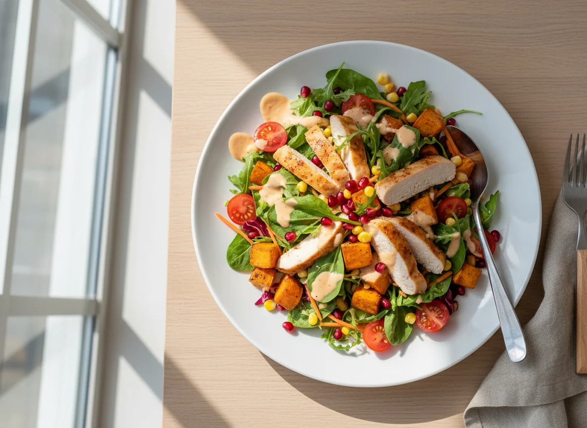 Hähnchen-Süßkartoffel-Salat mit Granatapfel und Dressing photo
