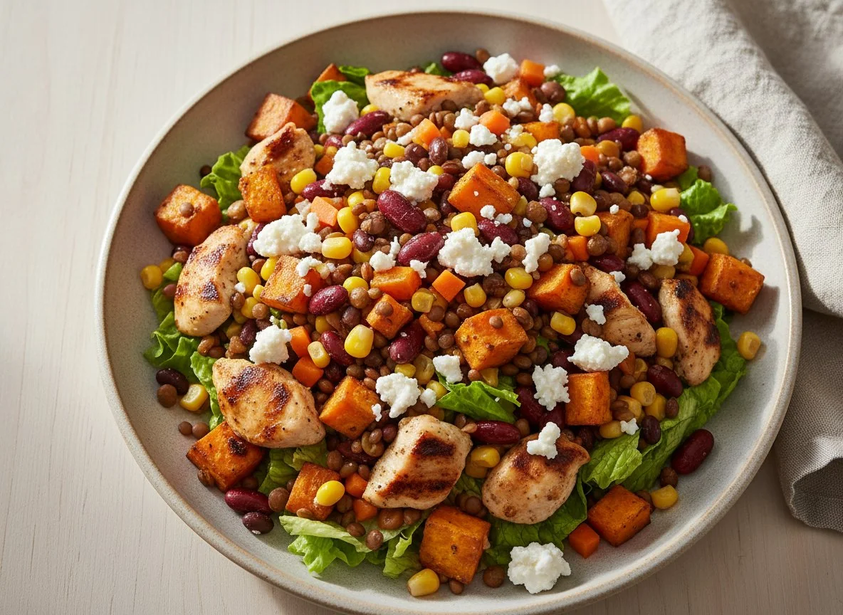 Hähnchen-Süßkartoffel-Salat mit Hülsenfrüchten und Käse photo