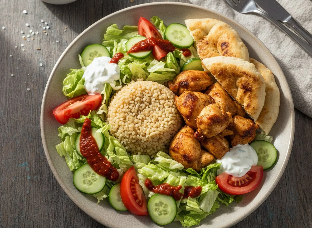 Hähnchen-Teller mit Bulgur und Salat photo