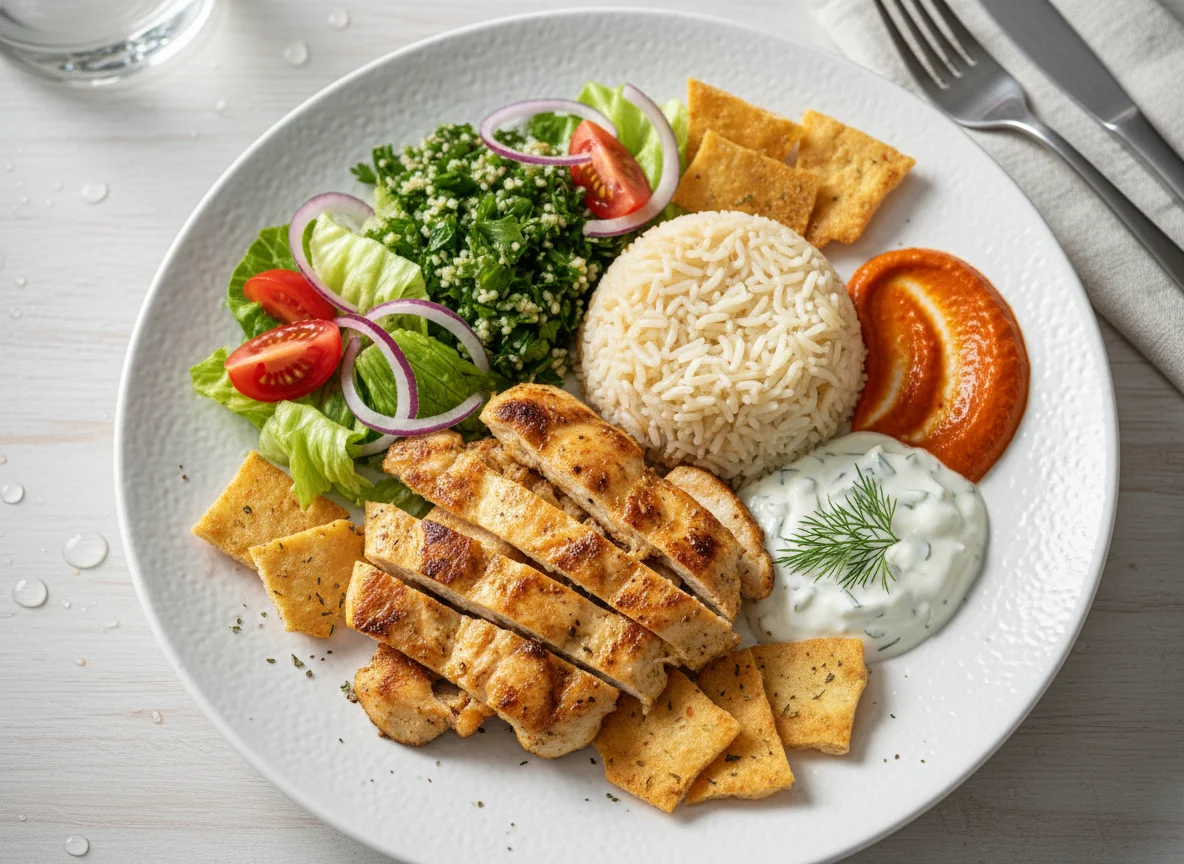 Hähnchen-Teller mit Reis und Salat photo