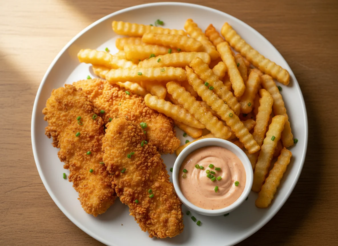 Hähnchen-Tender mit Pommes und Sauce photo