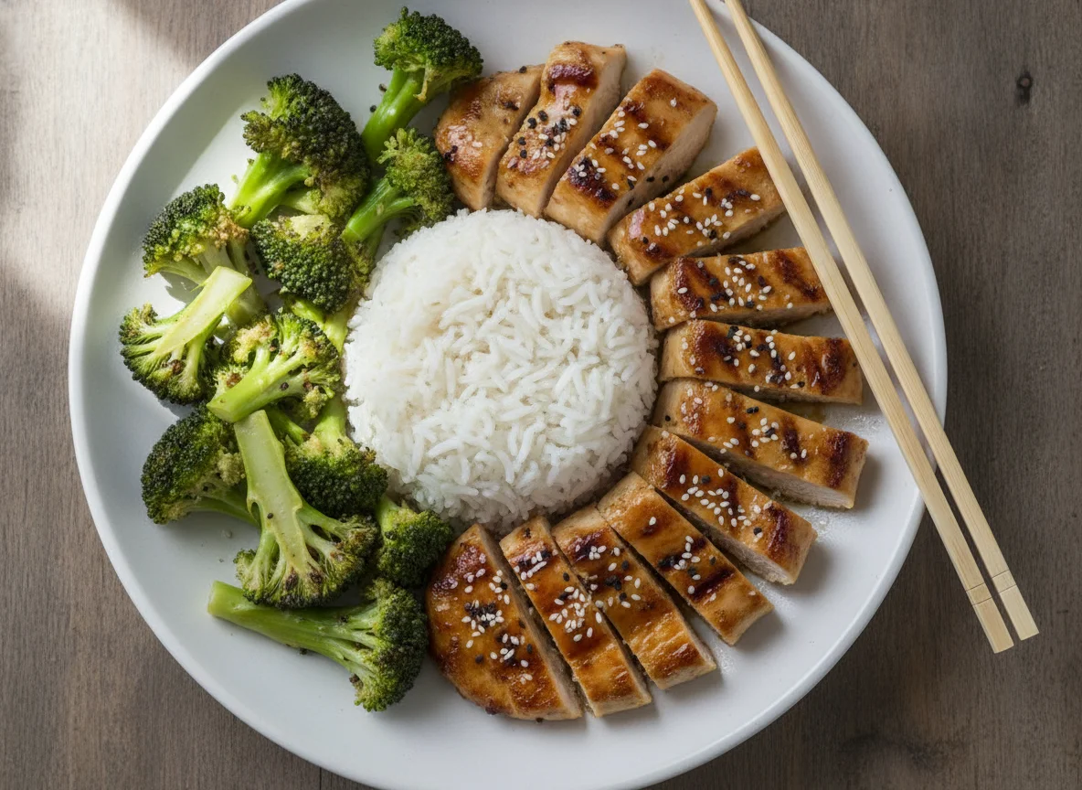 Hähnchen-Teriyaki mit Reis und Brokkoli photo