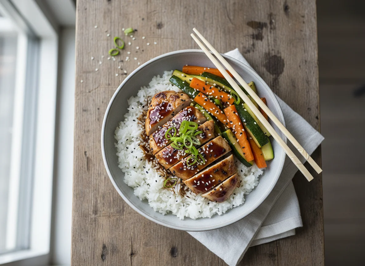 Hähnchen-Teriyaki-Bowl mit Reis und Gemüse photo