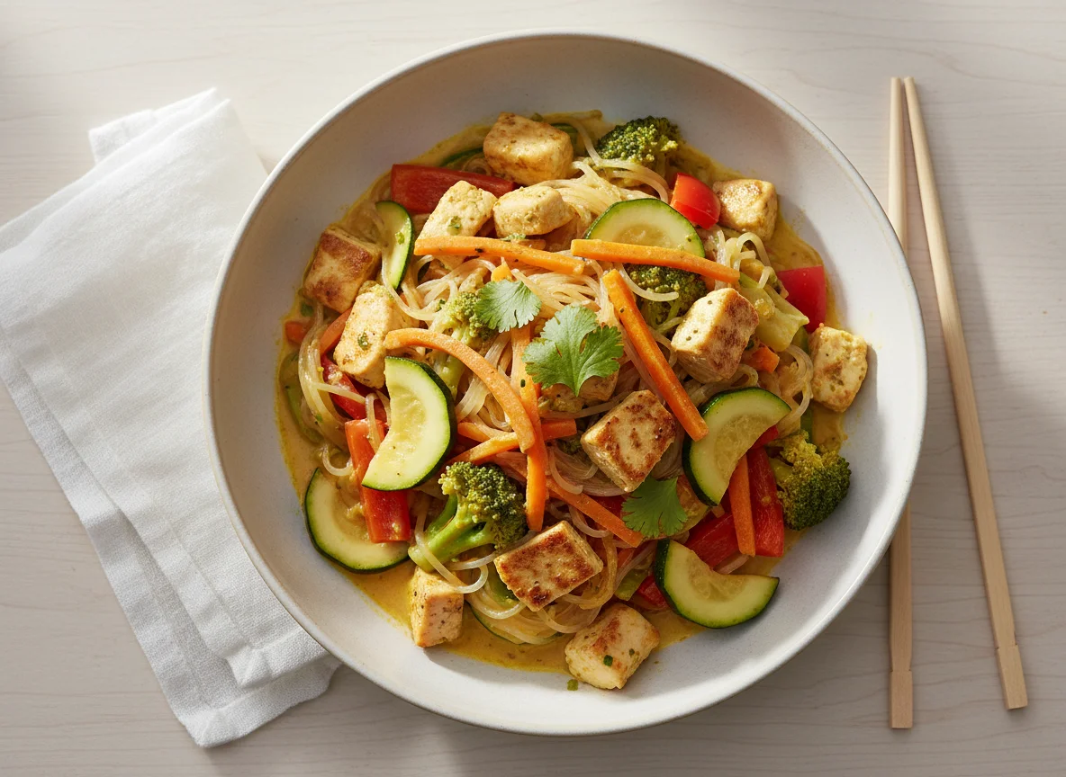 Hähnchen-Tofu-Gemüsepfanne mit Glasnudeln photo