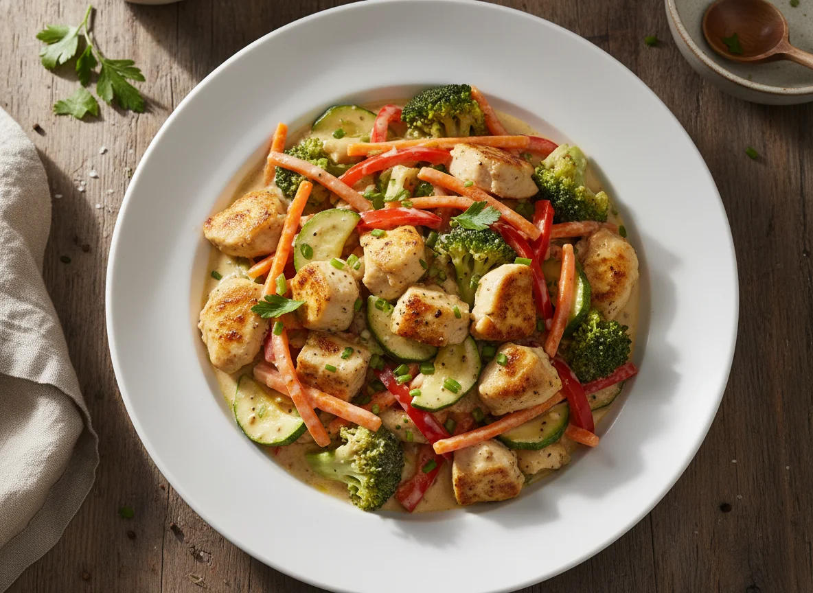 Hähnchen-Tofu-Gemüsepfanne mit Sauce photo