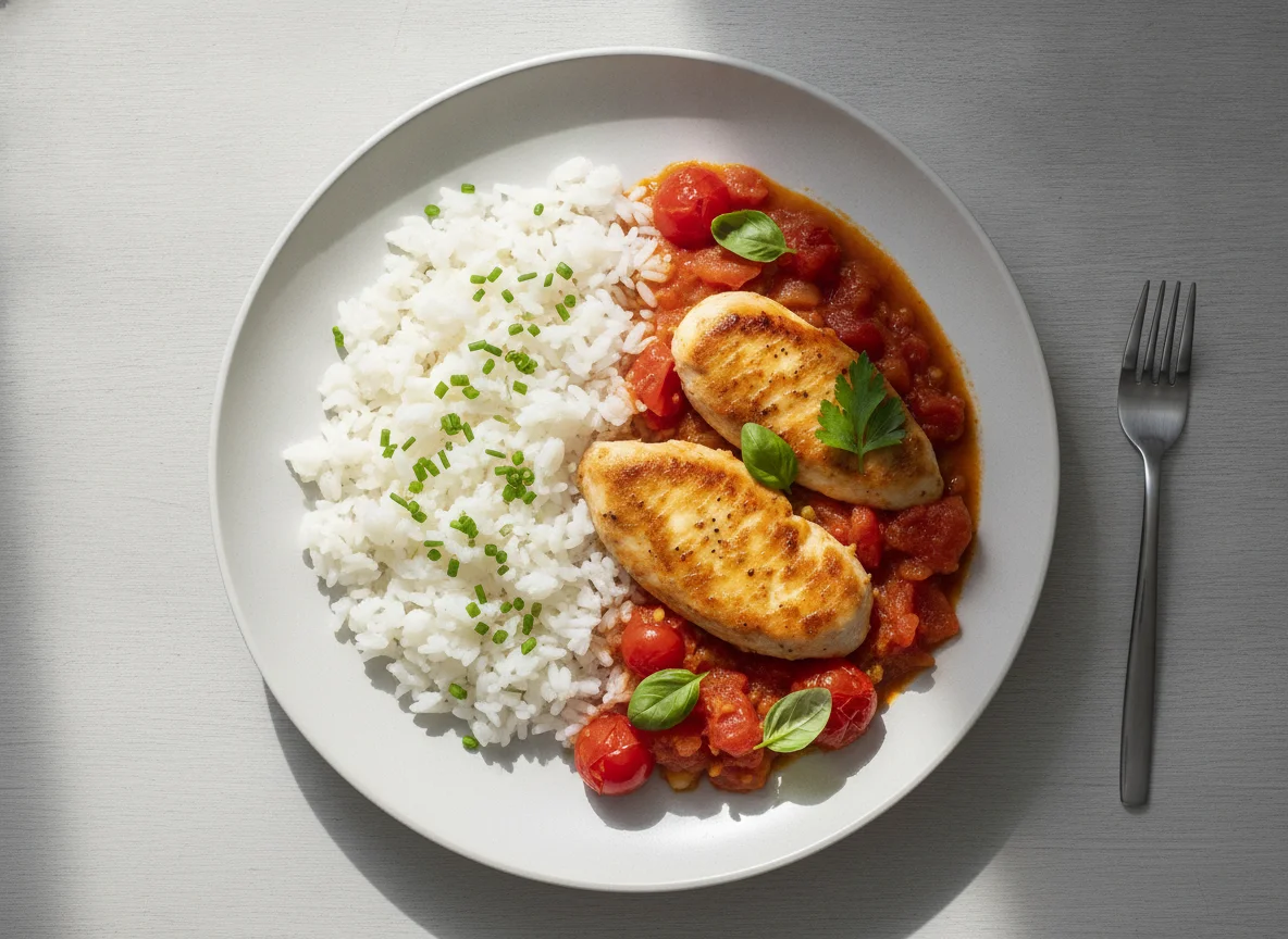 Hähnchen-Tomaten-Pfanne mit Reis photo
