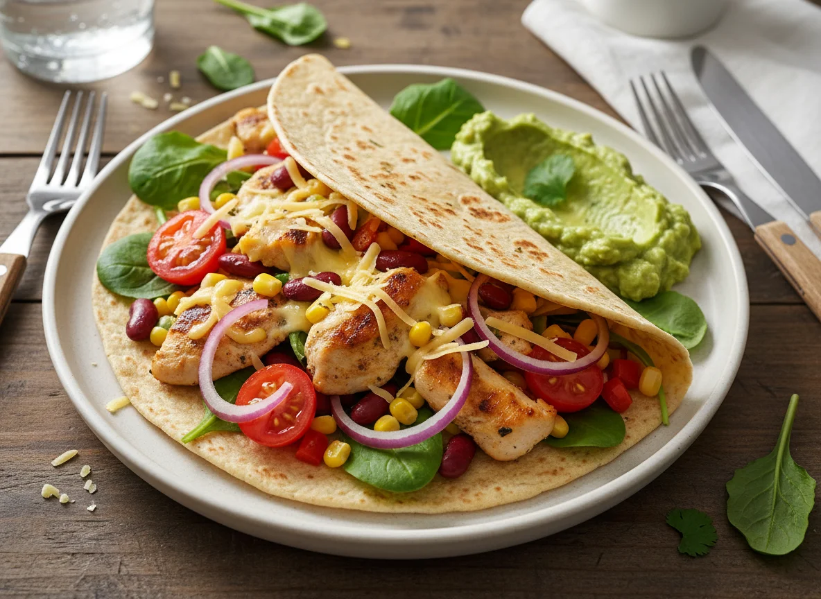 Hähnchen-Tortilla mit Gemüse und Käse photo