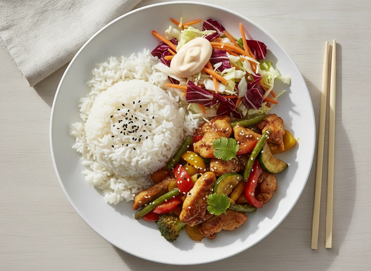 Hähnchen-Wok mit Reis und Beilagensalat photo