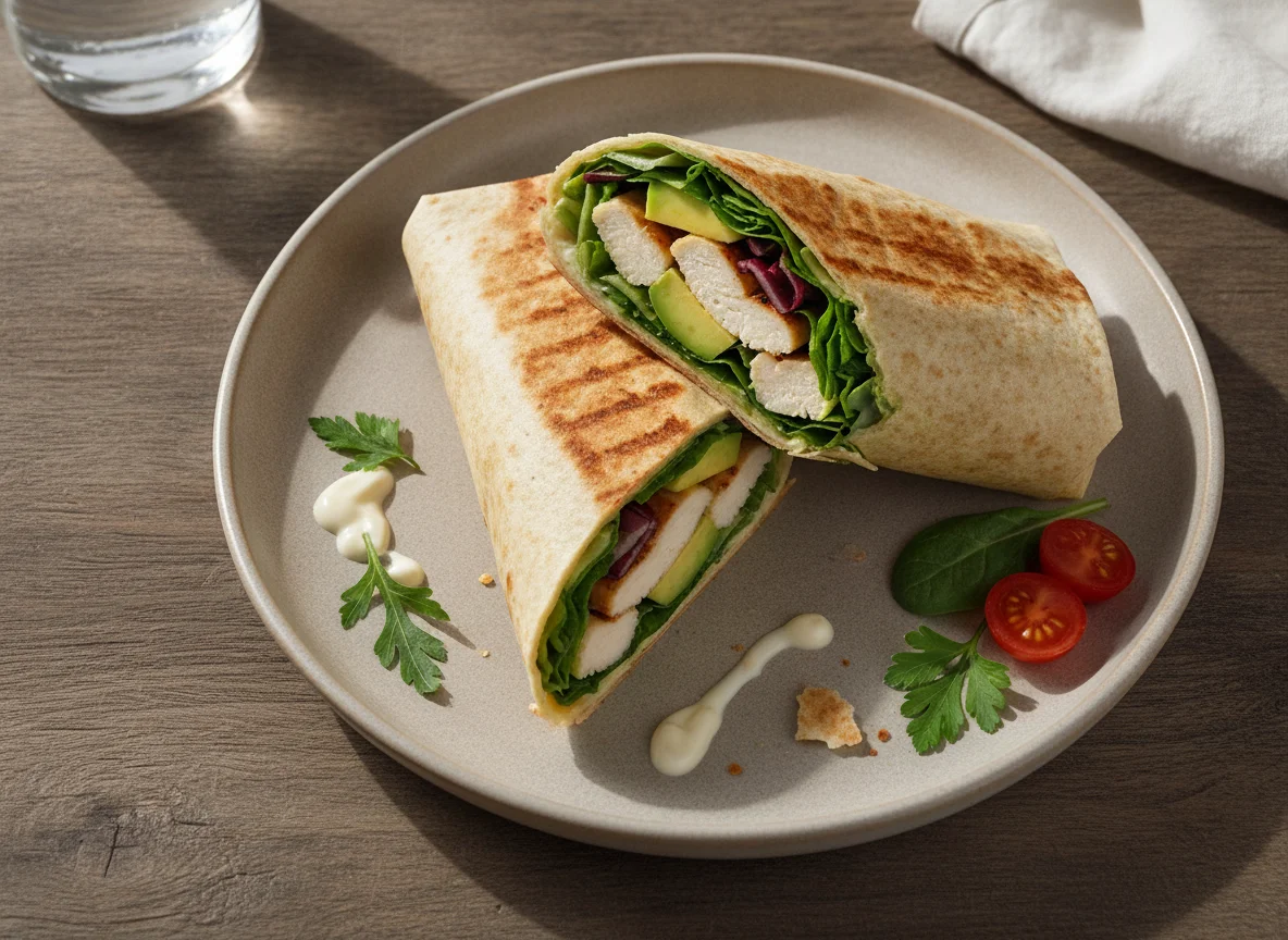 Hähnchen-Wrap mit Avocado und Salat photo