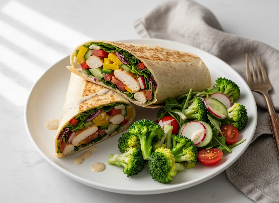 Hähnchen-Wrap mit Beilagensalat und Brokkoli photo