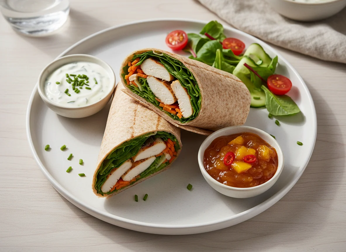 Hähnchen-Wrap mit Dips und Salat photo