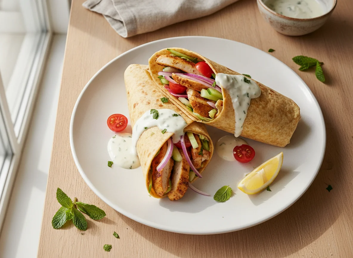 Hähnchen-Wrap mit Gemüse und Joghurtsauce photo
