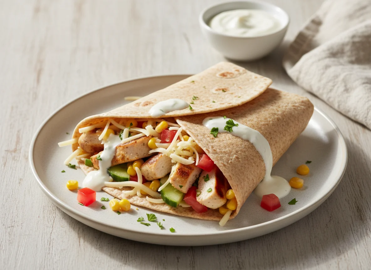 Hähnchen-Wrap mit Gemüse und Käse photo