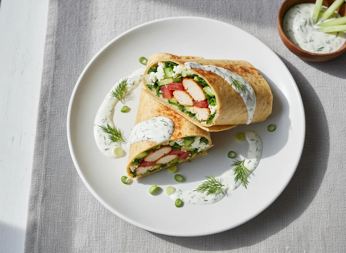 Hähnchen-Wrap mit Gemüse und Sauce photo