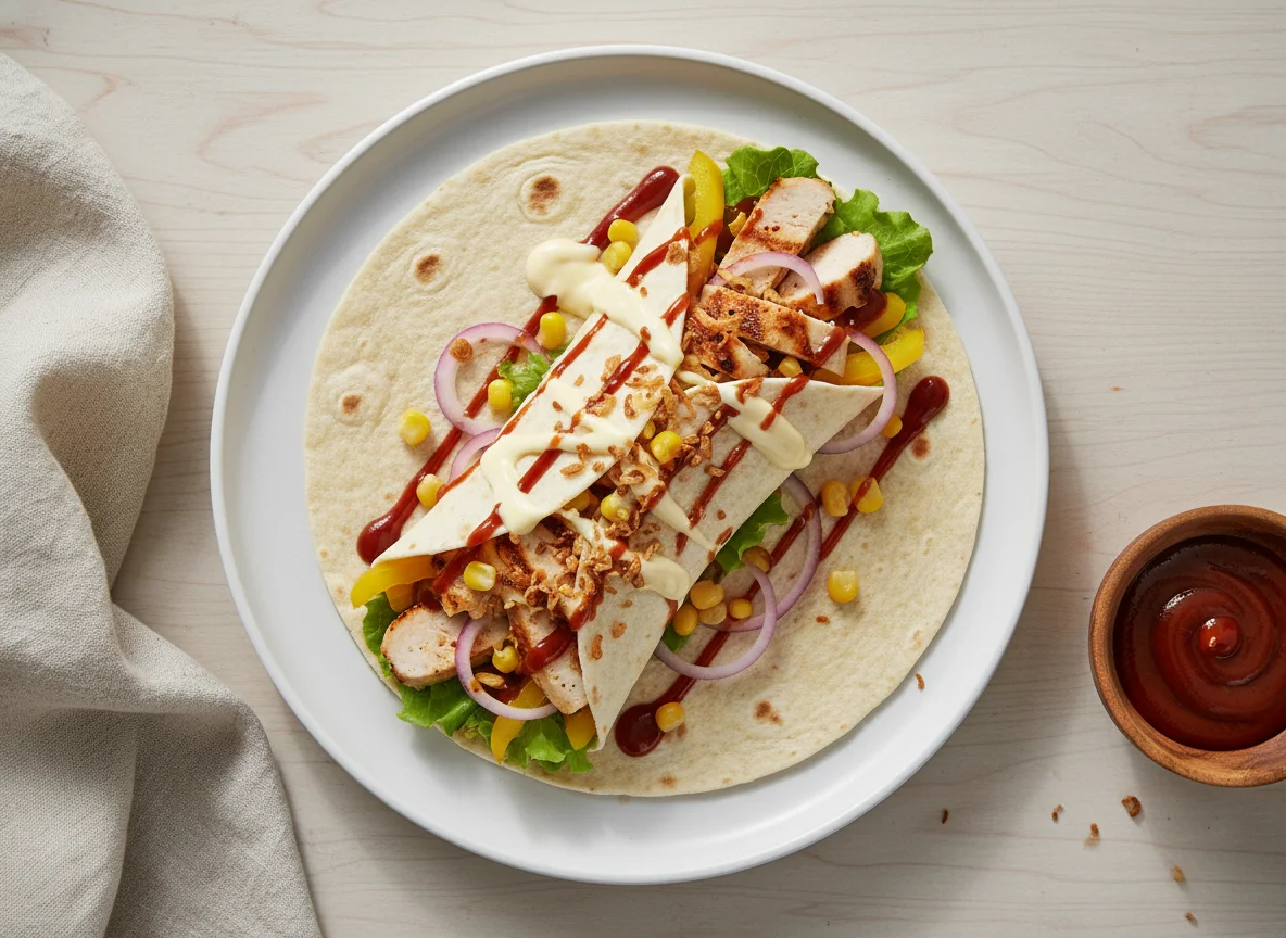 Hähnchen-Wrap mit Gemüse und Saucen photo