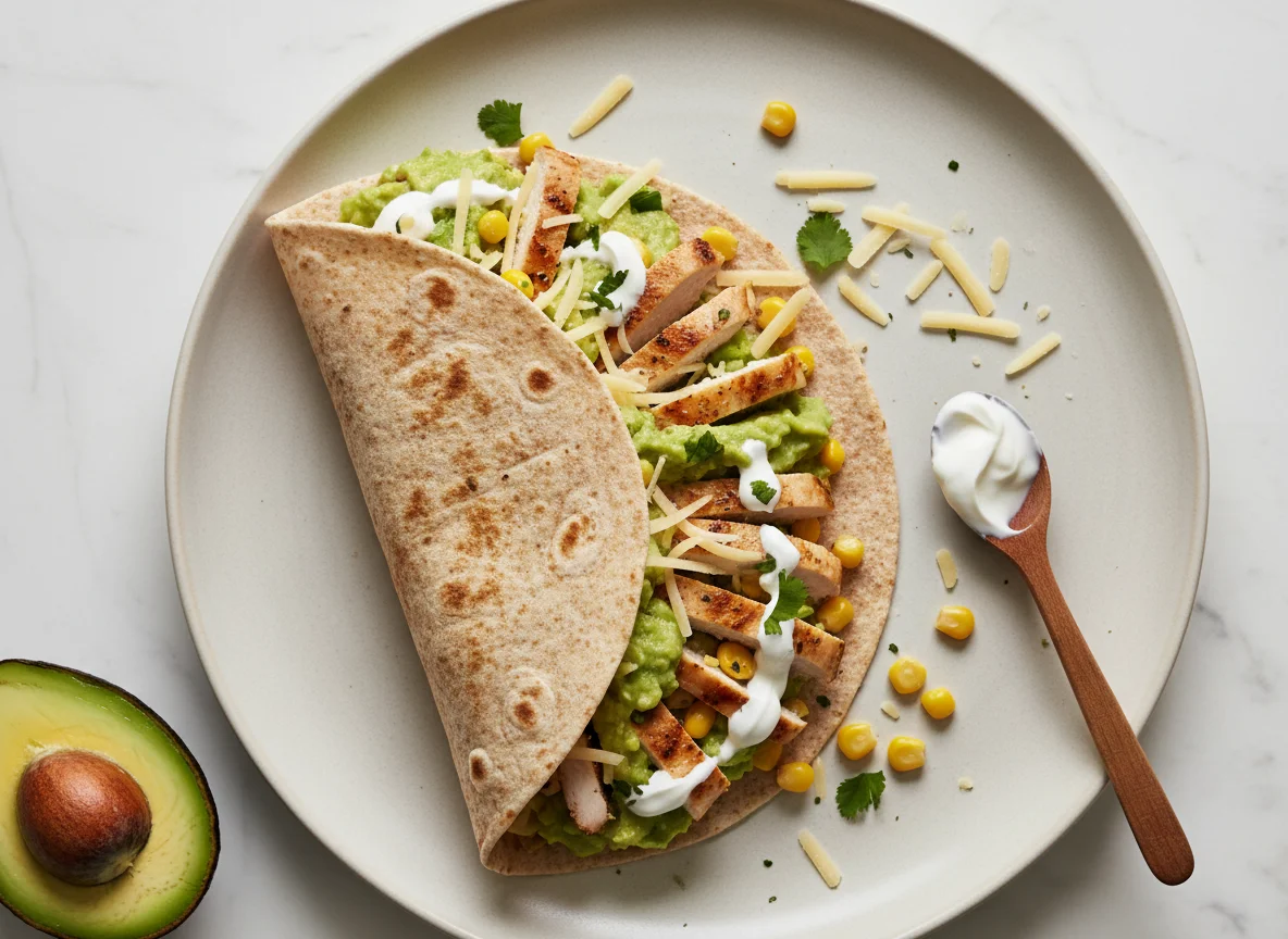 Hähnchen-Wrap mit Guacamole, Crème fraîche, Käse und Mais photo