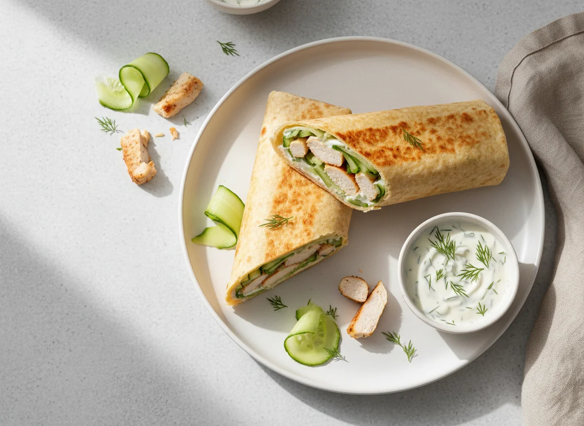 Hähnchen-Wrap mit Gurke und Sauce photo