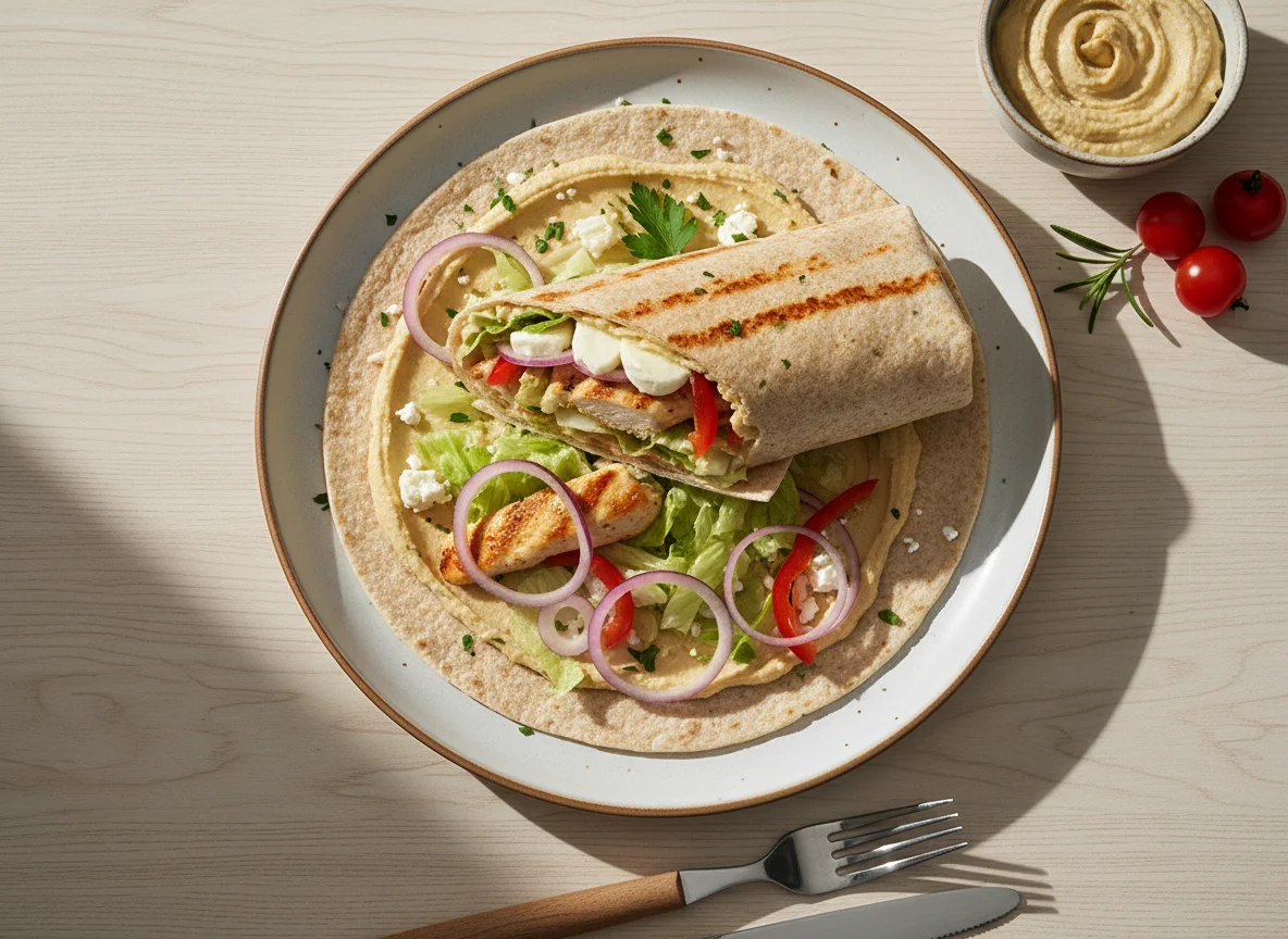 Hähnchen-Wrap mit Hummus und Gemüse photo