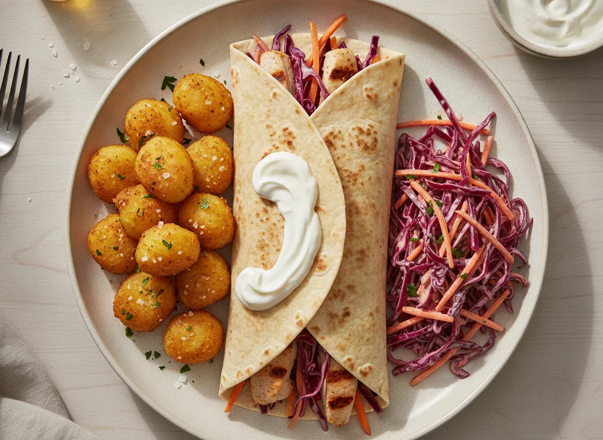 Hähnchen-Wrap mit Kroketten und Krautsalat photo