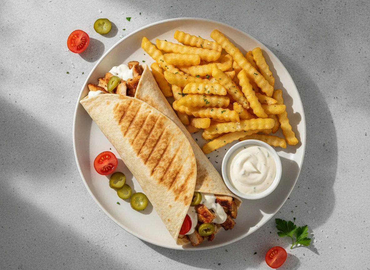 Hähnchen-Wrap mit Pommes photo