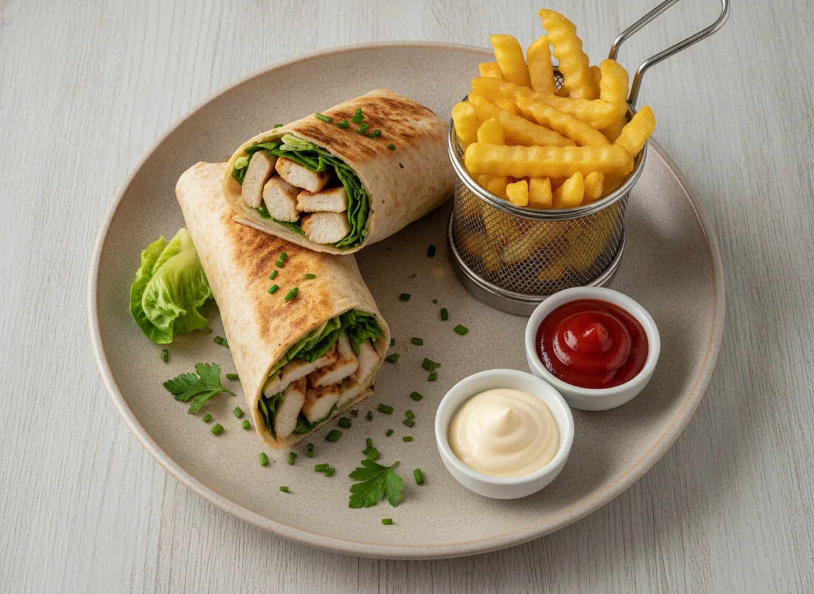 Hähnchen-Wrap mit Pommes Frites und Saucen photo