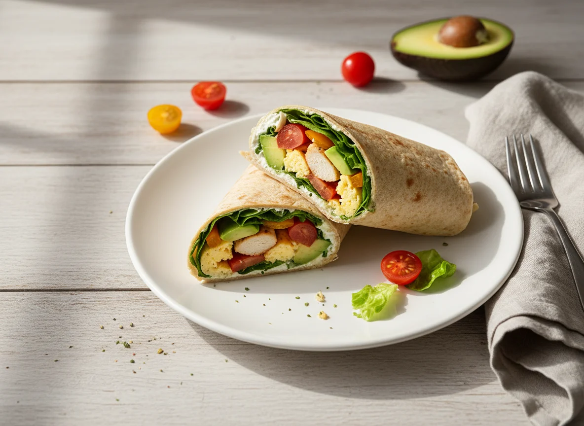 Hähnchen-Wrap mit Rührei und Gemüse photo