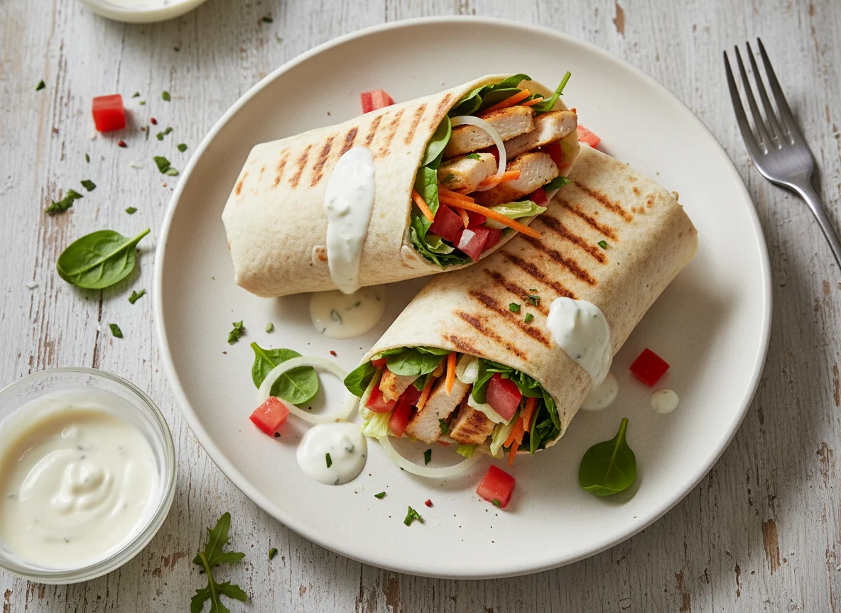 Hähnchen-Wrap mit Salat und Dressing photo