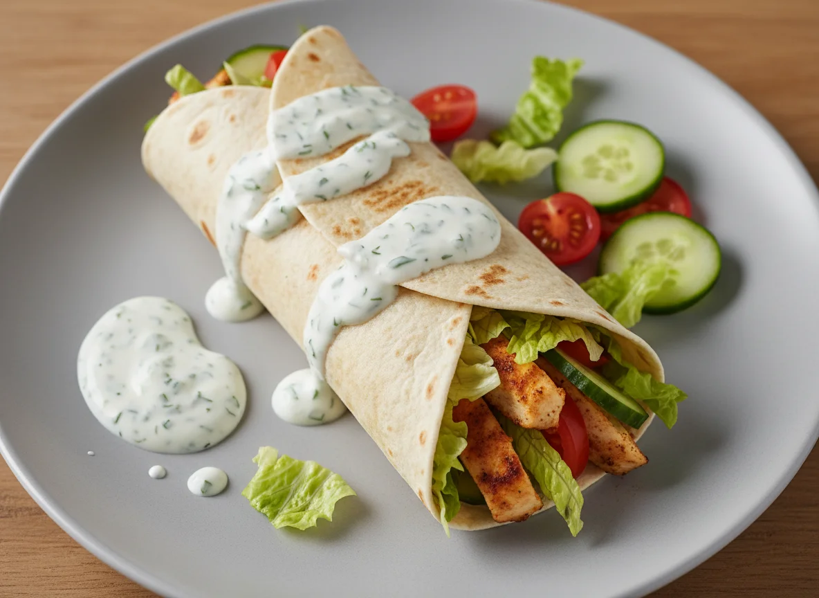 Hähnchen-Wrap mit Salat und Sauce photo
