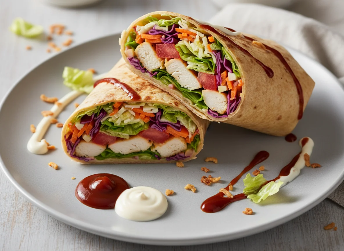 Hähnchen-Wrap mit Salat und Saucen photo