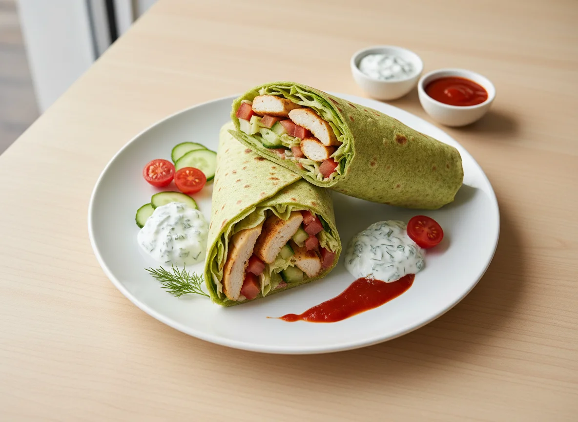 Hähnchen-Wrap mit Tzatziki und Chilisauce photo