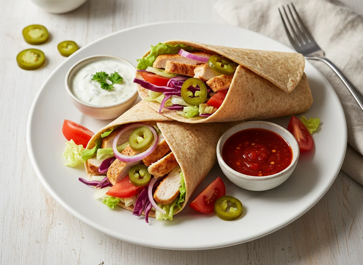 Hähnchen-Wraps mit Salat und Saucen photo