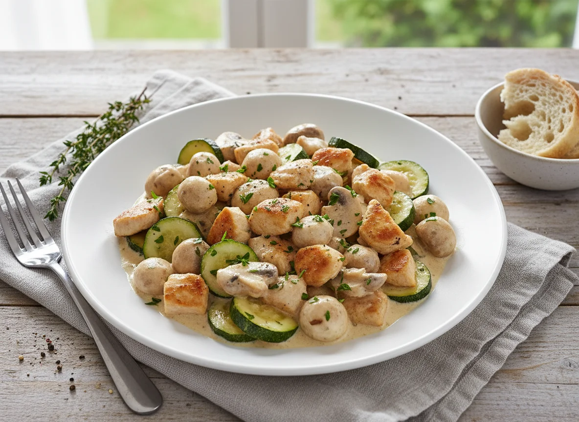 Hähnchen-Zucchini-Pilz-Pfanne in Sahnesauce photo