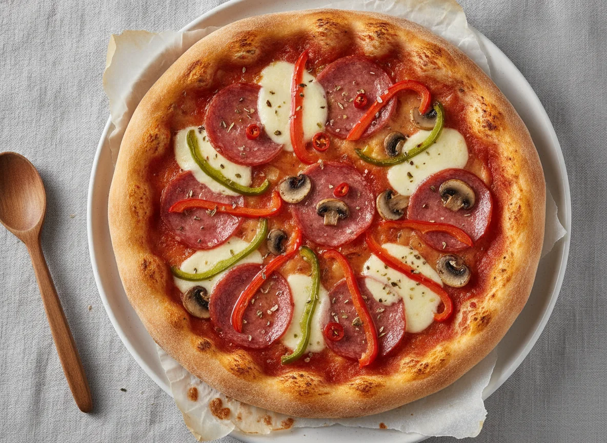 Halbe Pizza mit Salami, Pilzen und Paprika photo
