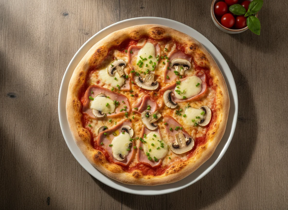Halbe Pizza mit Schinken und Pilzen photo